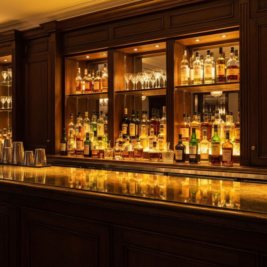 Luxury bar setup with golden lighting